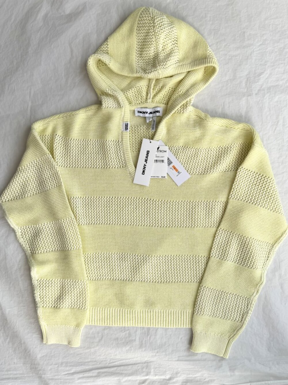 DKNY JEANS NWT POINTELLE STRIPE LEMON LIGHT COTTON HOODED SWEATER. SIZE S - Picture 9 of 11